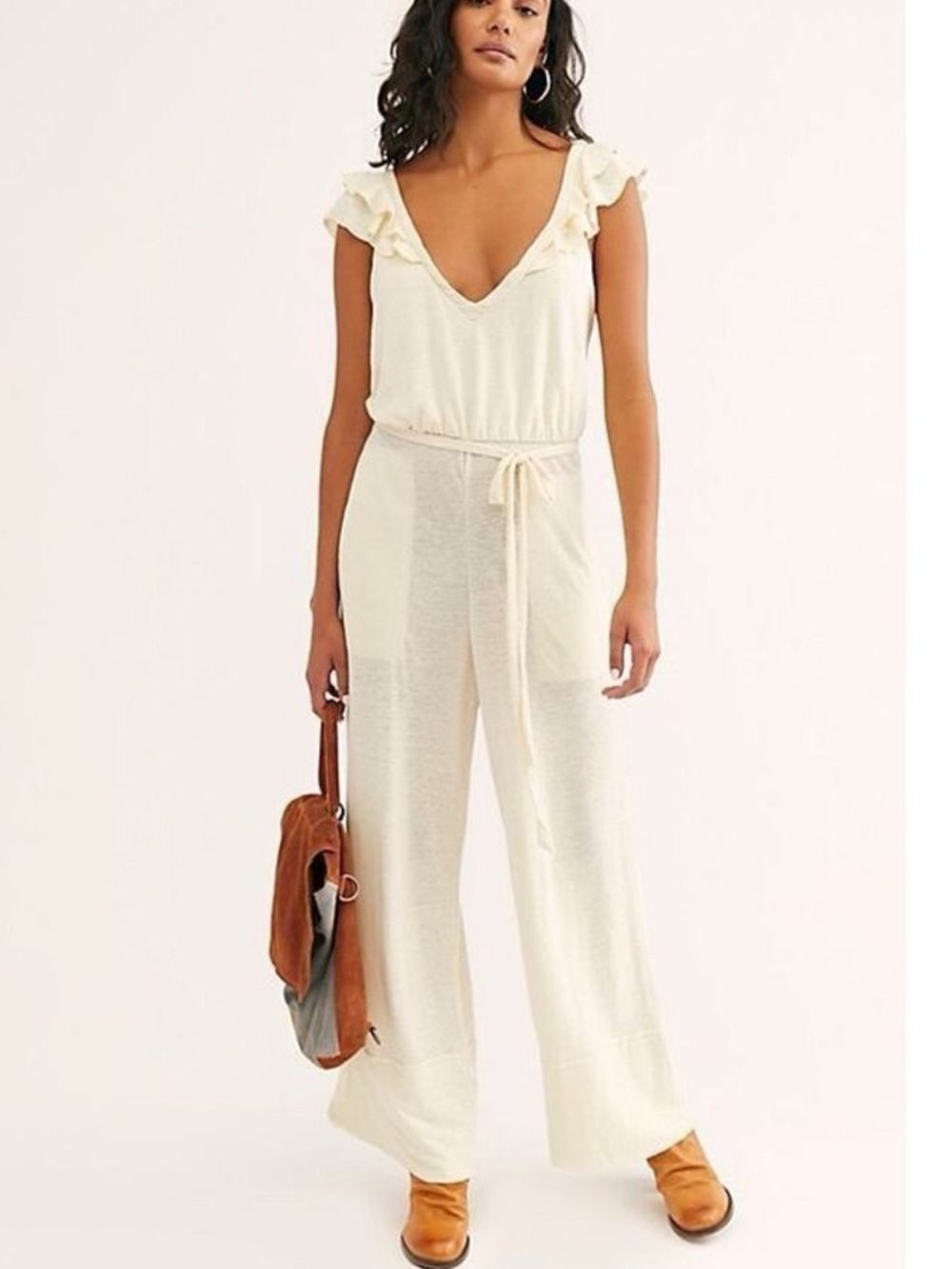 Free People Beach Linen Blend Calluna Jumpsuit Ruffle details tie back size XS - Picture 12 of 15